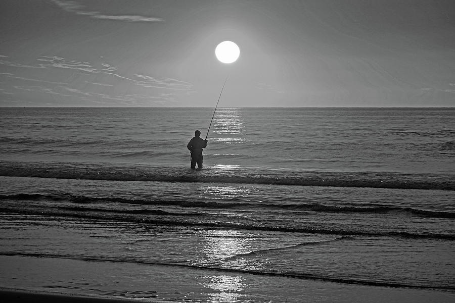 Sunrise Fishing on Ogunquit Beach Ogunquit Maine Black and White Photograph by Toby McGuire