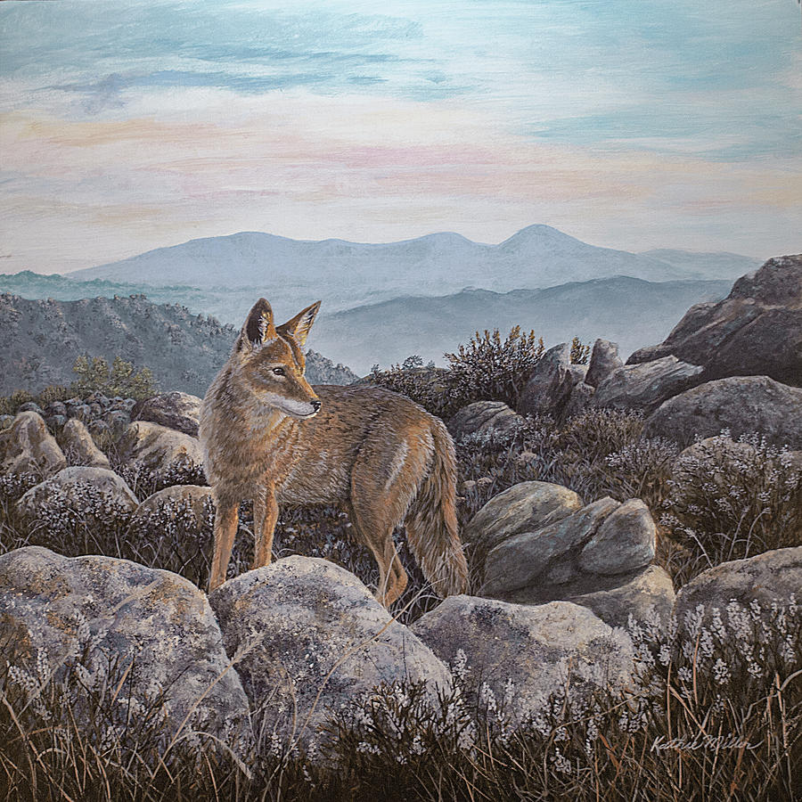 Sunrise Hunt - Coyote at Richie Canyon, CA Painting by Kathie Miller