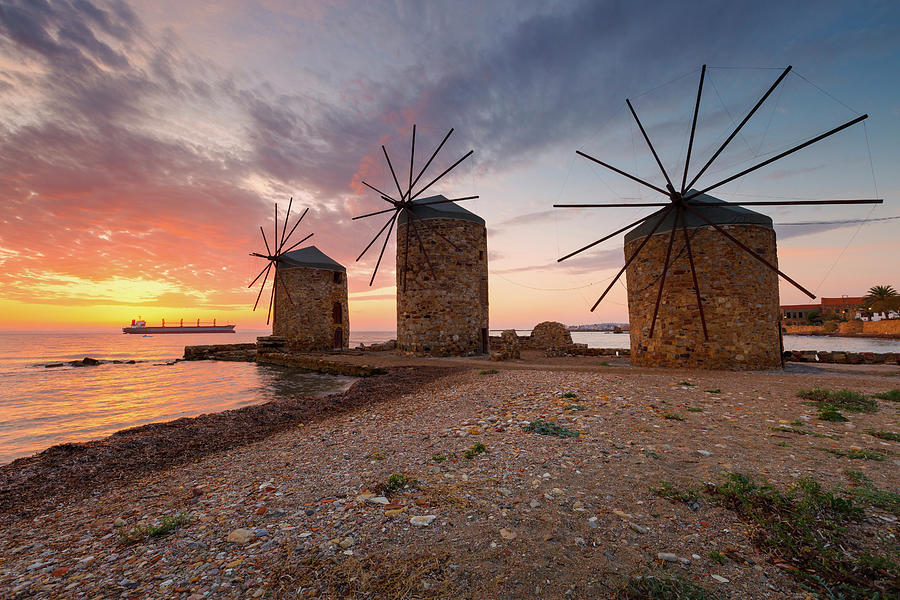 Greek Photograph - Sunrise Image Of The Iconic Windmills In Chios Town. by Cavan Images
