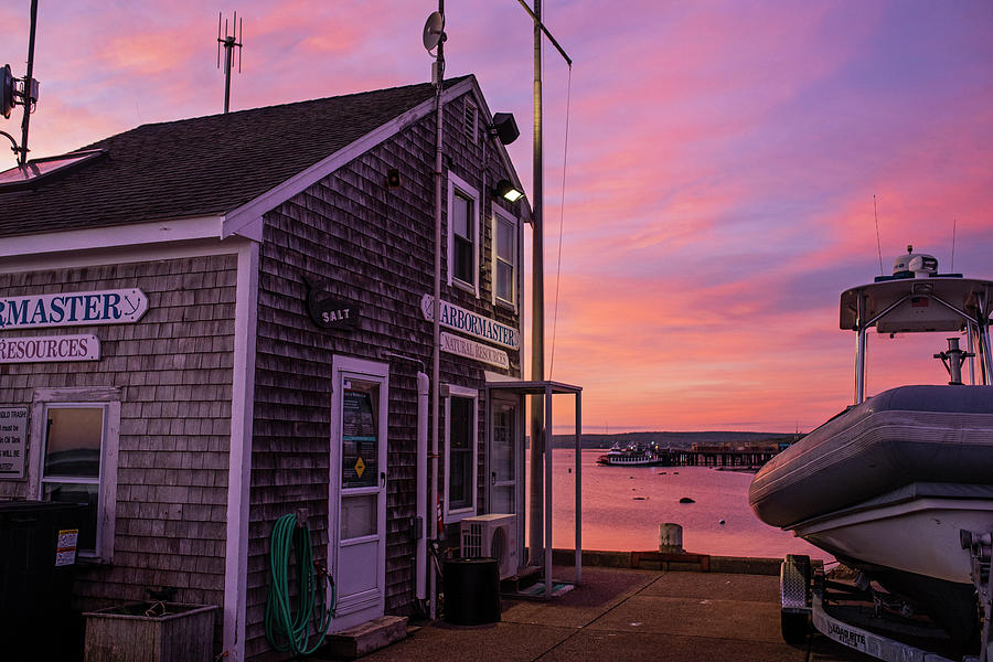 Sunrise in Plymouth MA Harbormaster dock pier Boat Photograph by Toby McGuire