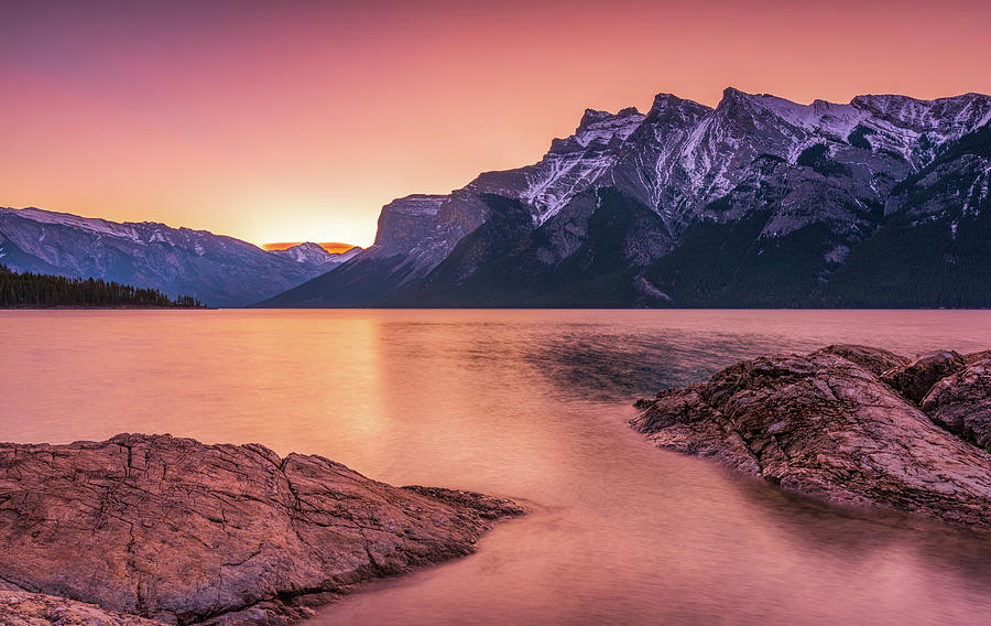 Sunrise Lake Minnewanka, Banff National Park Photograph by Yves Gagnon