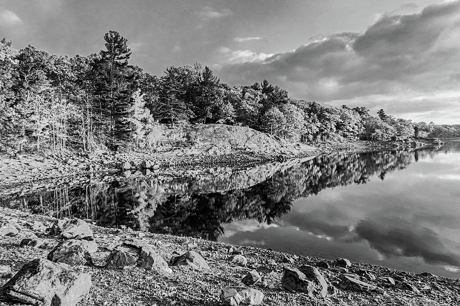 Sunrise on Breeds Pond Lynn Woods Lynn Massachusetts Fall Foliage Black and White Photograph by Toby McGuire