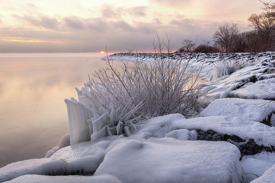 Sunrise on Ice - Wintry Glory on Lake Ontario  Photograph by Georgia Mizuleva