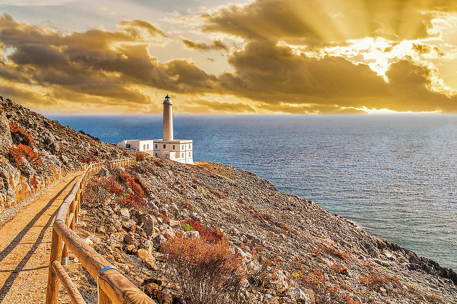 sunrise on lighthouse of Cape of Otranto  Photograph by Vivida Photo PC