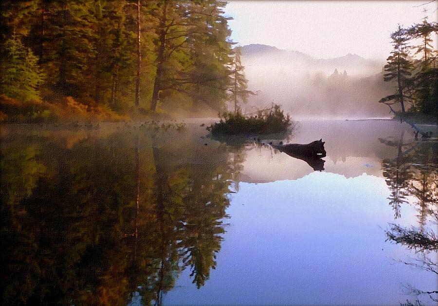 Misty Painting - Sunrise on Nicks Lake by Linda Seifried