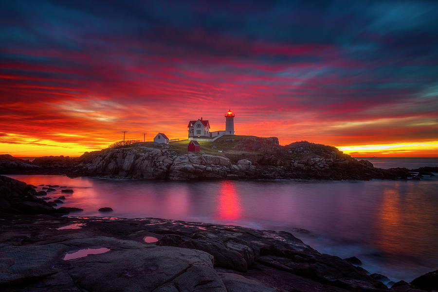 Lighthouses Photograph - Sunrise Over Nubble Light by Darren White Photography
