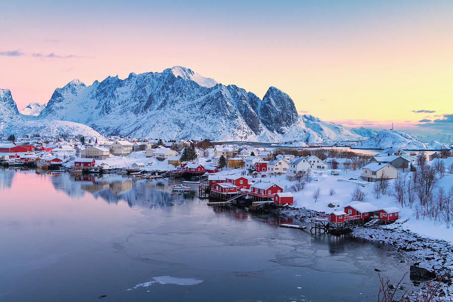 Winter Photograph - Sunrise Over The Fishing Village Of Reine In Winter, Norway by Cavan Images