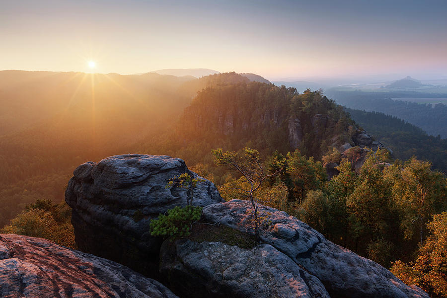 Sunrise Over The Saxon Switzerland National Park, With View To The Mittelwinkel In The Schrammstein Rock Formation In Late Summer, Elbe Valley And Zirkelstein In The Background, Saxony, Germany Photograph by Tobias Richter