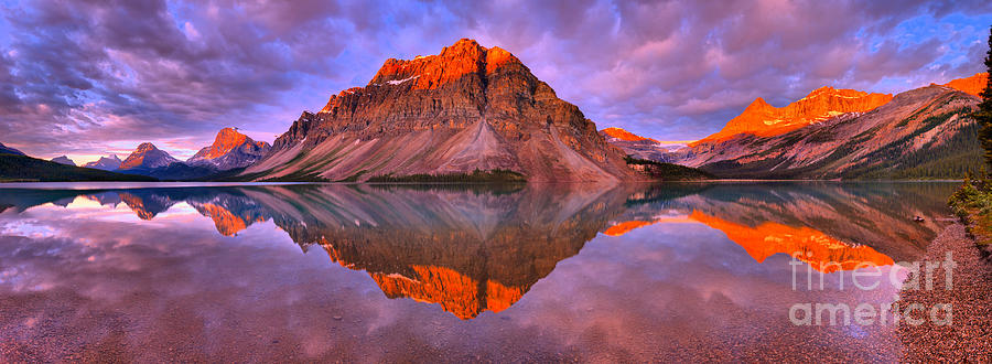 Sunrise Reflections Of Crowfoot Mountain Panorama Photograph by Adam Jewell