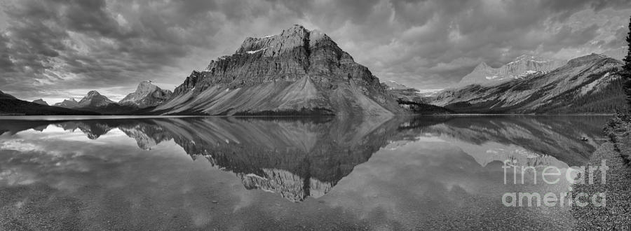 Sunrise Reflections Of Crowfoot Mountain Panorama Black And White Photograph by Adam Jewell