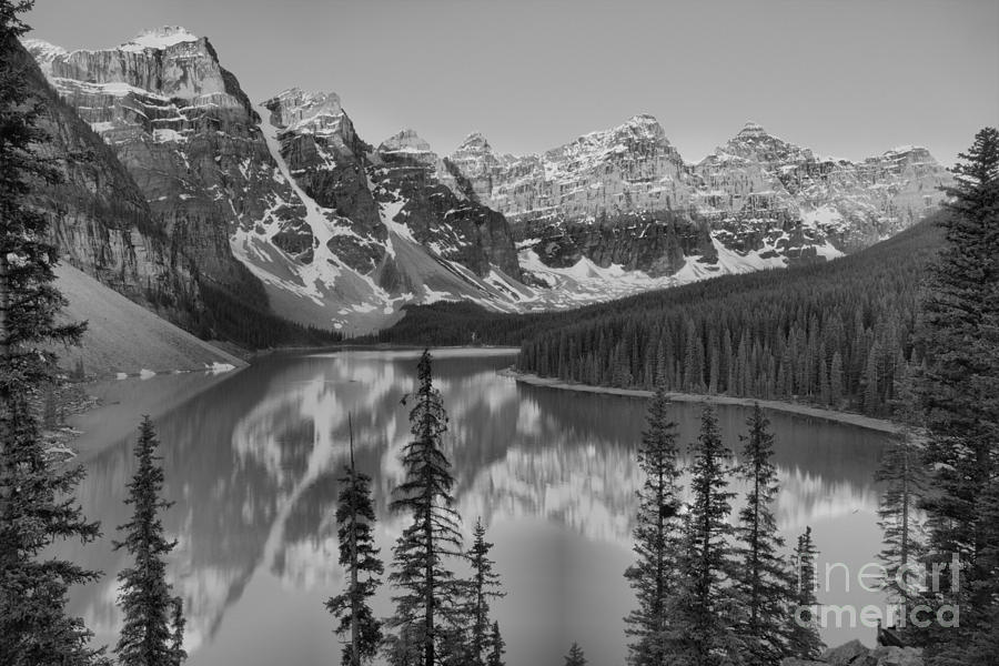 Sunrise Spectacular At Moraine Lake 2019 Black And White Photograph by Adam Jewell