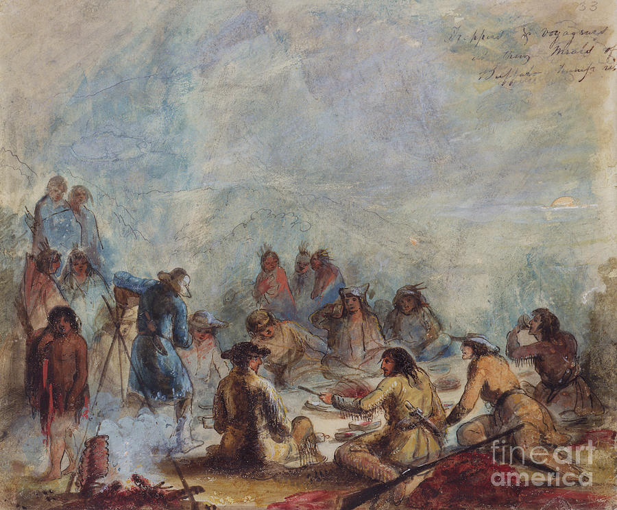 Sunset Painting - Sunrise, Trappers And Travellers At Their Meals Of Buffalo Hump Rib, C.1837 by Alfred Jacob Miller