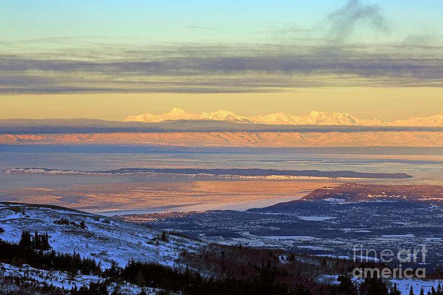 Sunrise view across Cook Inlet from above Anchorage Alaska Photograph by Louise Heusinkveld