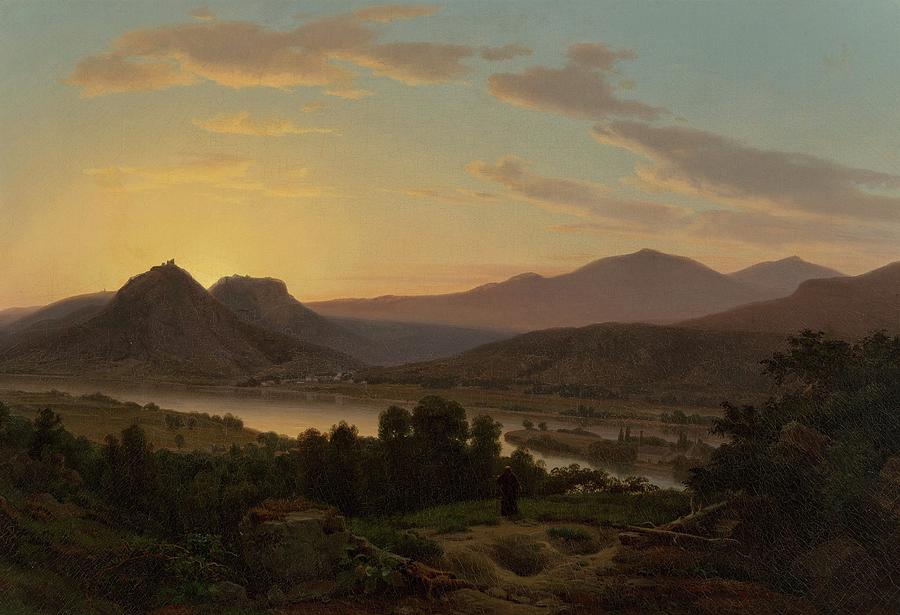 Sunrise, View Of Drachenfels From Rolandseck Painting by Worthington Whittredge Sunrise, View Of Drachenfels From Rolandseck Painting by Worthington Whittredge