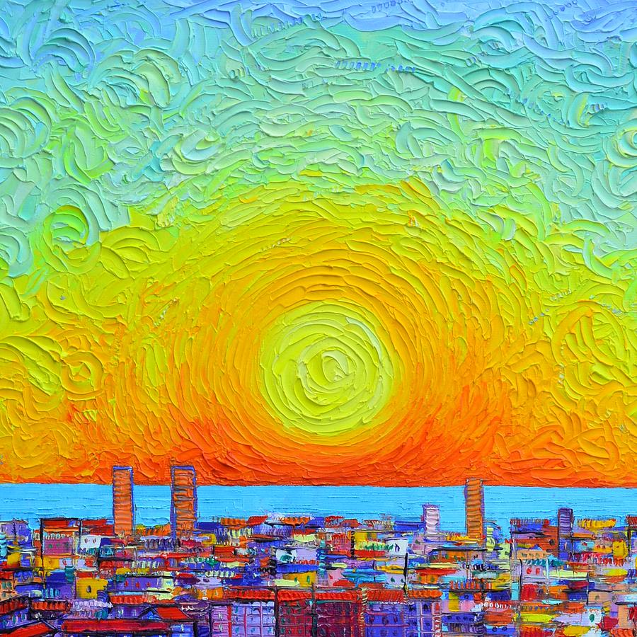 SUNSCAPE WITH BARCELONA ABSTRACT CITY PATTERNS textural impasto knife cityscape Ana Maria Edulescu Painting by Ana Maria Edulescu
