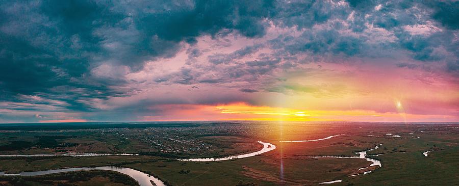 Sunset Photograph - Sunset Above River. Panorama Aerial by Ryhor Bruyeu