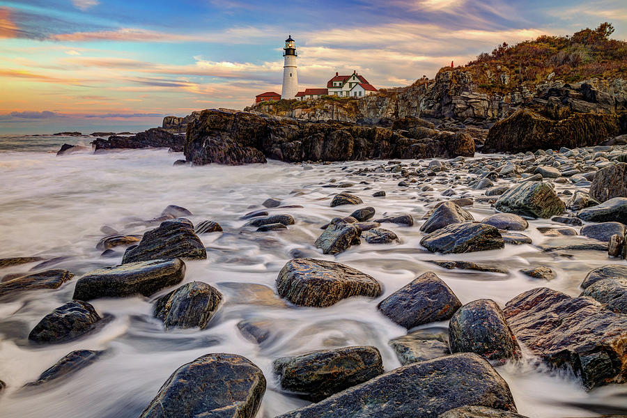 Portland Maine Photograph - Sunset Along the Shoreline at the Portland Maine Lighthouse by Gregory Ballos