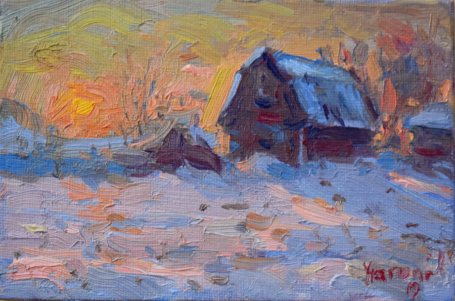 Sunset and Snow in the Farm  Painting by Ylli Haruni