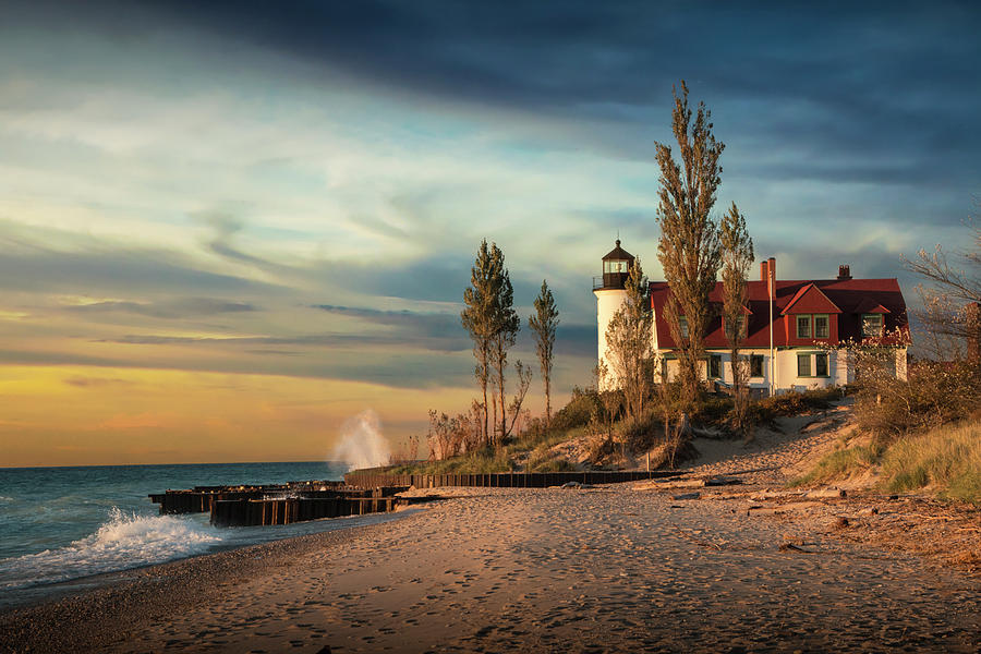 Sunset at Point Betsie Lighthouse on Lake Michigan Photograph by Randall Nyhof