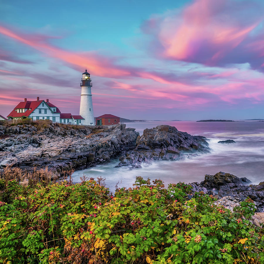 Sunset at Portland Head Light - Cape Elizabeth Maine Photograph by Gregory Ballos