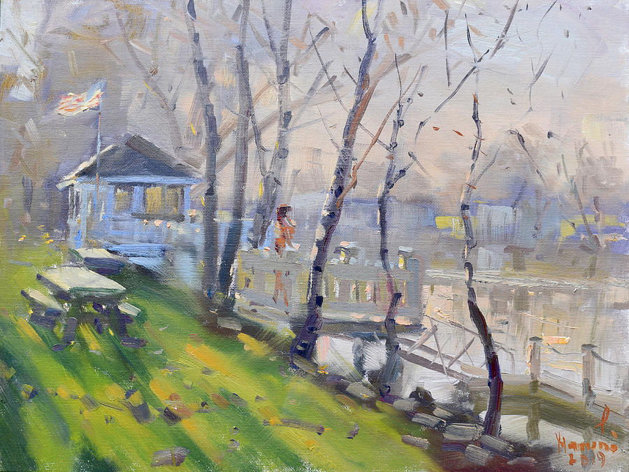 Sunset at the Dock by Tonawanda Canal  Painting by Ylli Haruni