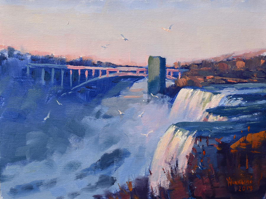 Sunset at the Falls Painting by Ylli Haruni