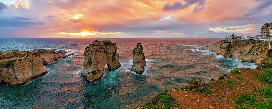 Sunset At The Raouche Coast, Beirut Photograph by Panoramic Images
