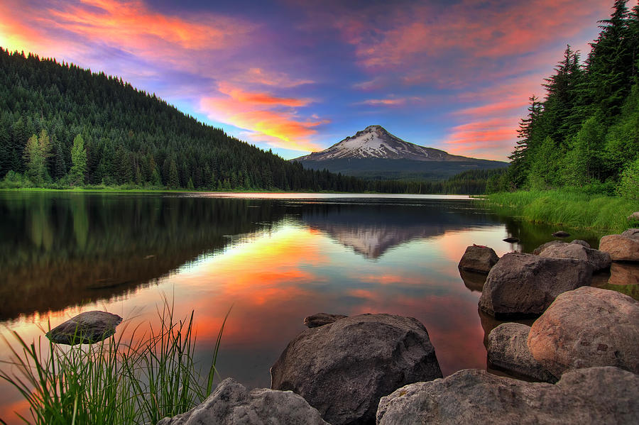 Sunset At Trillium Lake With Mount Hood Photograph by David Gn Photography