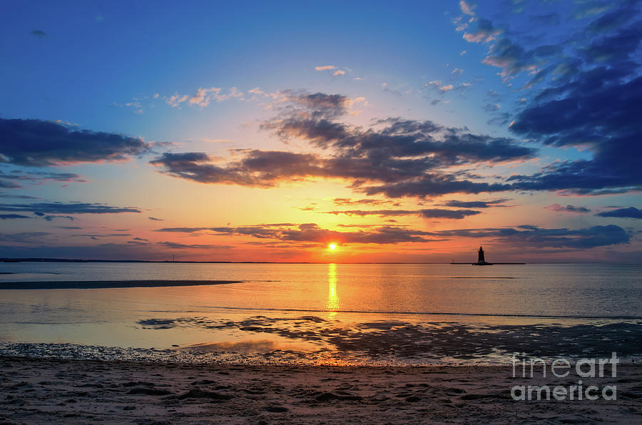 Sunset Breakwater Lighthouse Coastal Landscape Photograph by PIPA Fine Art - Simply Solid