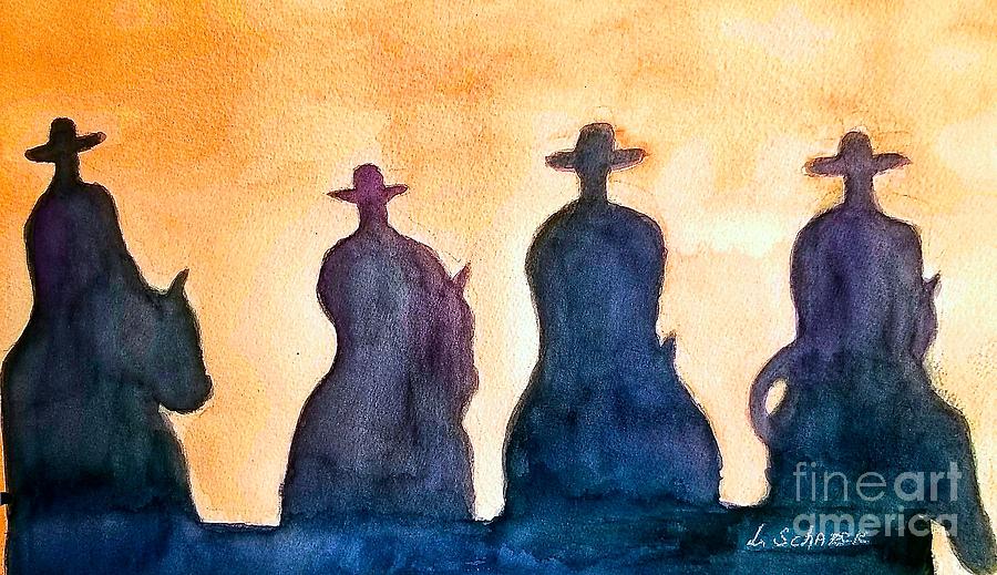 Sunset Painting - Sunset Cowboys by Linda Scharck