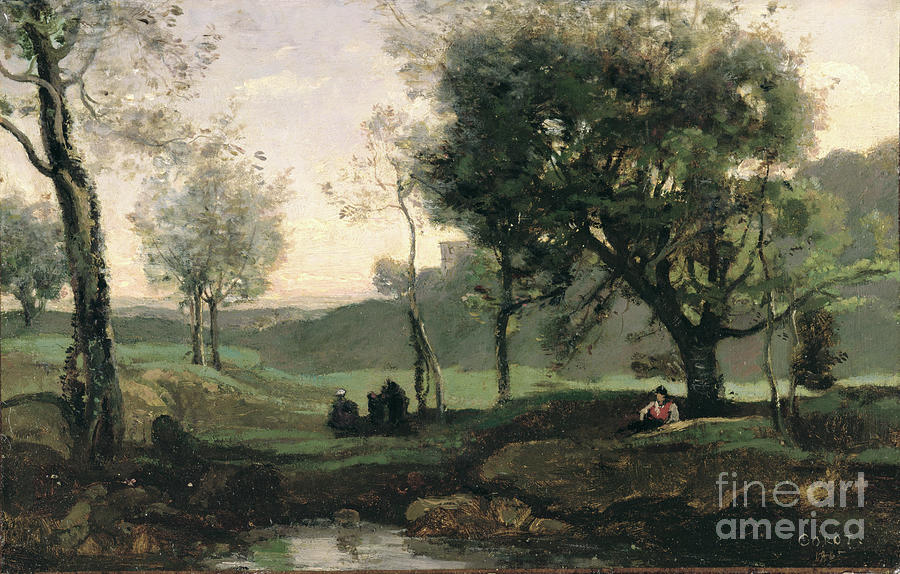 Sunset: Figures Under Trees Photograph by Jean Baptiste Camille Corot