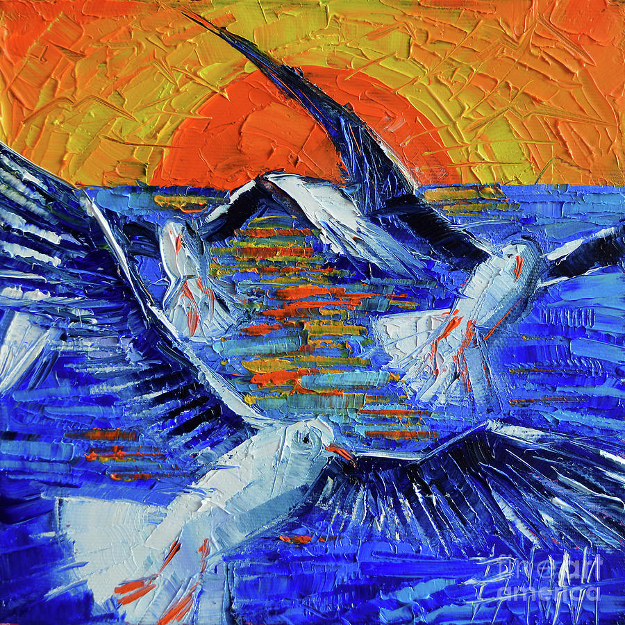 Seagull Painting - SUNSET FLY palette knife impasto abstract oil painting Mona Edulesco by Mona Edulesco