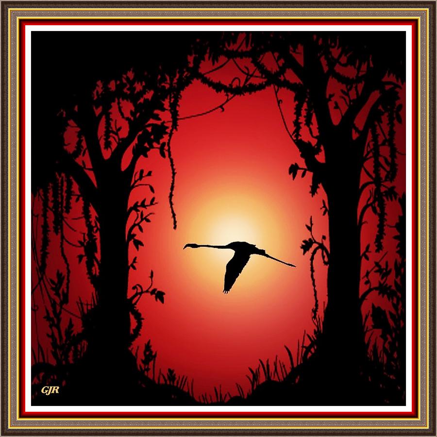 Sunset Glow Flamingo Silhouette L A S With Printed Frame. Digital Art