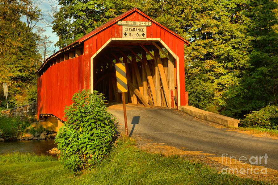 Sunset Glow On The Enslow Covered Bridge Photograph by Adam Jewell