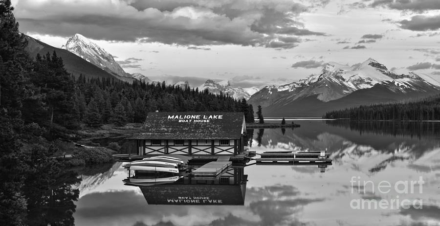Sunset Glow Over The Maligne Lake Boathouse Black And White Photograph by Adam Jewell