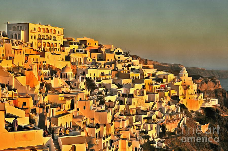 Sunset in Fira city III Painting by George Atsametakis