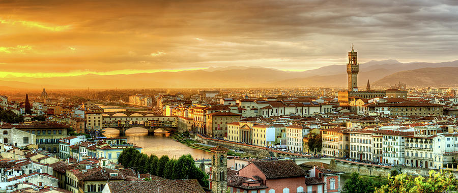 Sunset in Florence duet 1 - Ponte Vecchio and Palazzo Vecchio Photograph by Weston Westmoreland