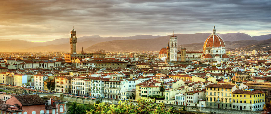 Sunset in Florence duet 2 - Palazzo Vecchio and Duomo Photograph by Weston Westmoreland
