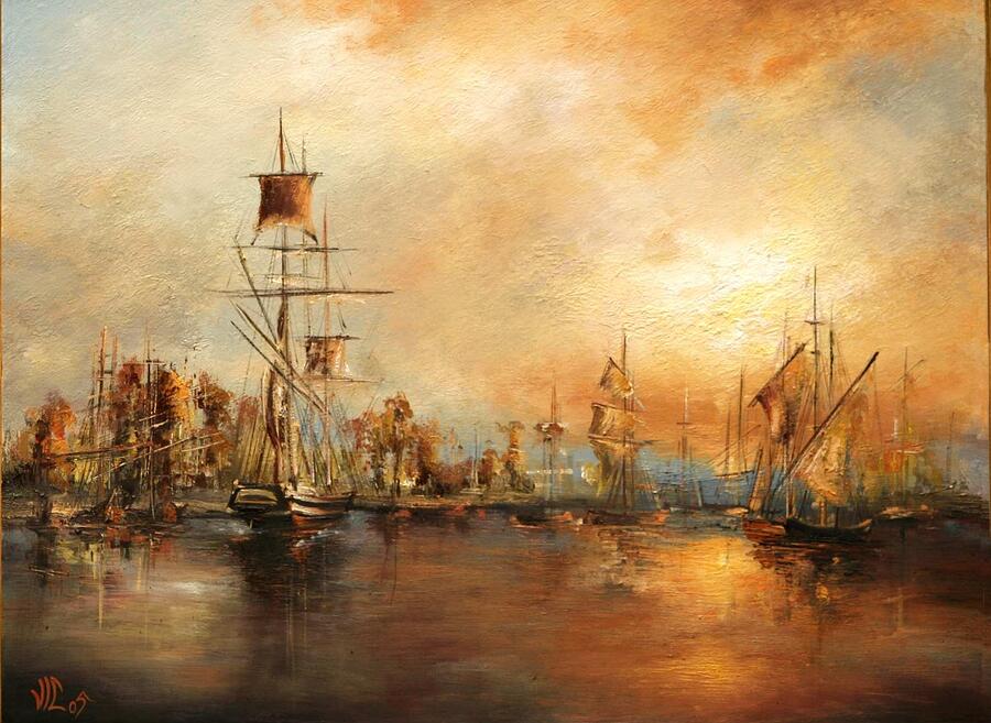 Sunset in port Painting by Vali Irina Ciobanu