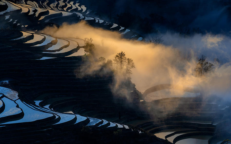 Landscape Photograph - Sunset In Yuanyang Rice Terraces by Hua Zhu