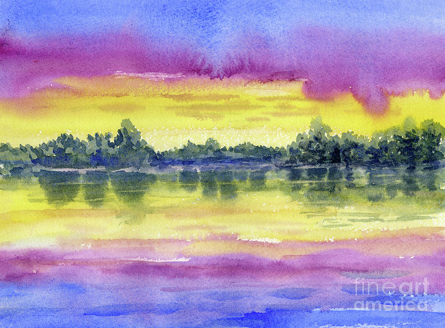 Lake Sunset Painting, Blue Landscape Watercolor Painting, Or