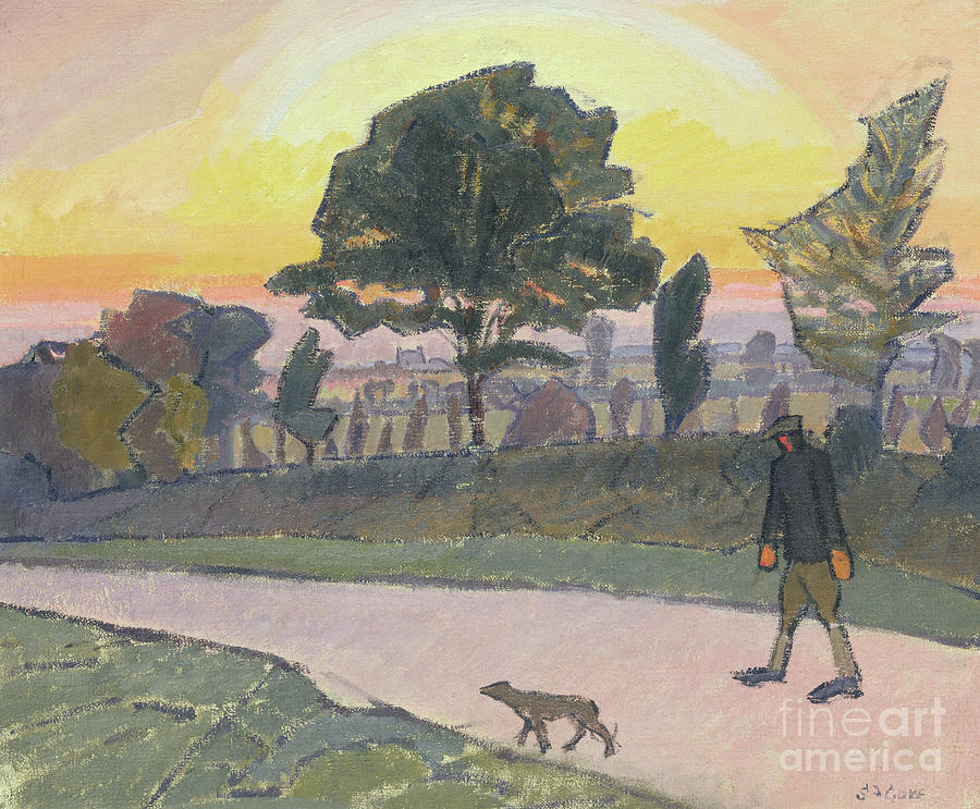 Sunset, Letchworth, with Man and Dog, 1912 Painting by Spencer Frederick Gore