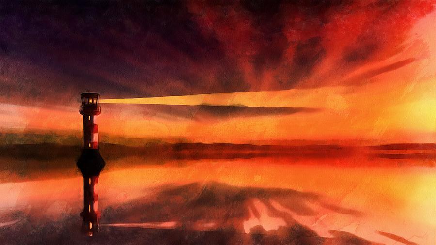 Sunset Lighthouse Painting by Harry Warrick