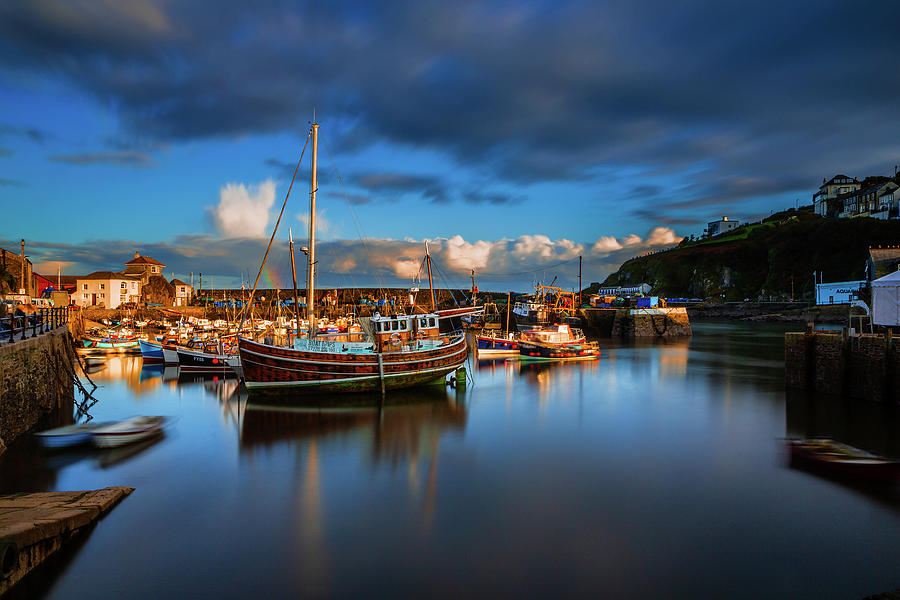 Sunset Mevagissey Harbour, Cornwall. Photograph by Maggie Mccall