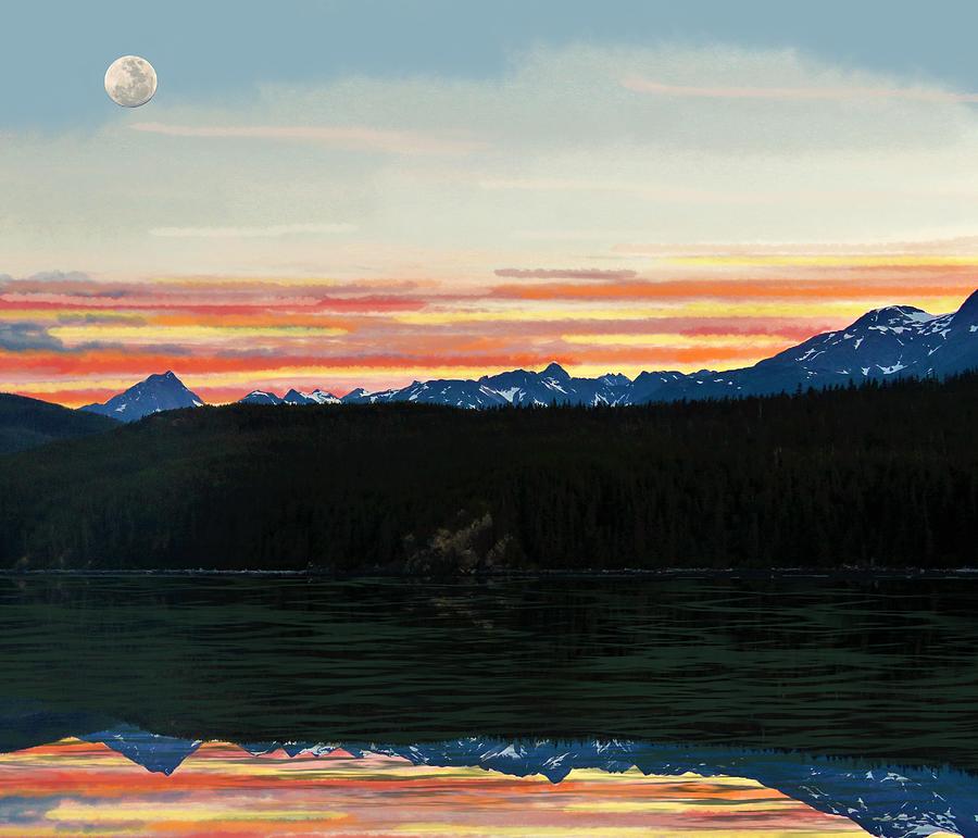 Sunset Moon over Alaska Mixed Media by Joan Stratton