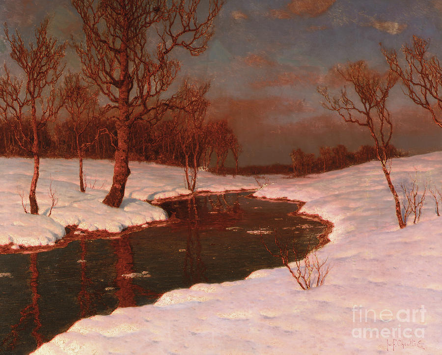 Sunset on a Snowy River Landscape Painting by Ivan Fedorovich Choultse