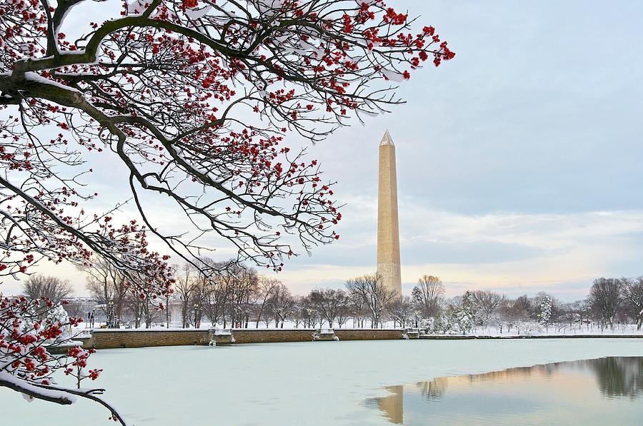 Washington Monument Photograph - Sunset On A Snowy Washington Monument by John Baggaley