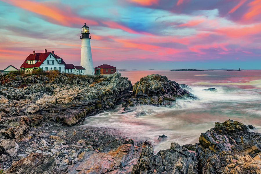 Sunset on Cape Elizabeth - Maines Portland Head Light Photograph by Gregory Ballos