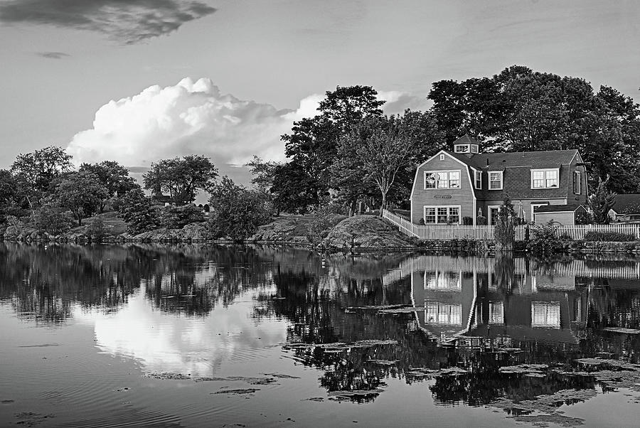 Sunset on Redds Pond Marblehead Ma red clouds Black and White Photograph by Toby McGuire