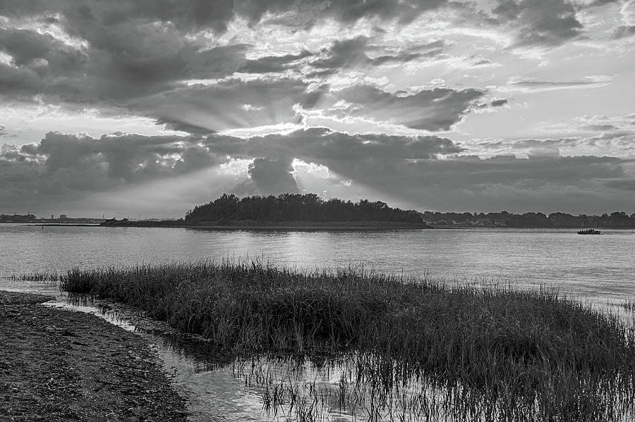 Sunset over Snake Island in Winthrop MA from Coughlin Park Green Grass Black and White Photograph by Toby McGuire
